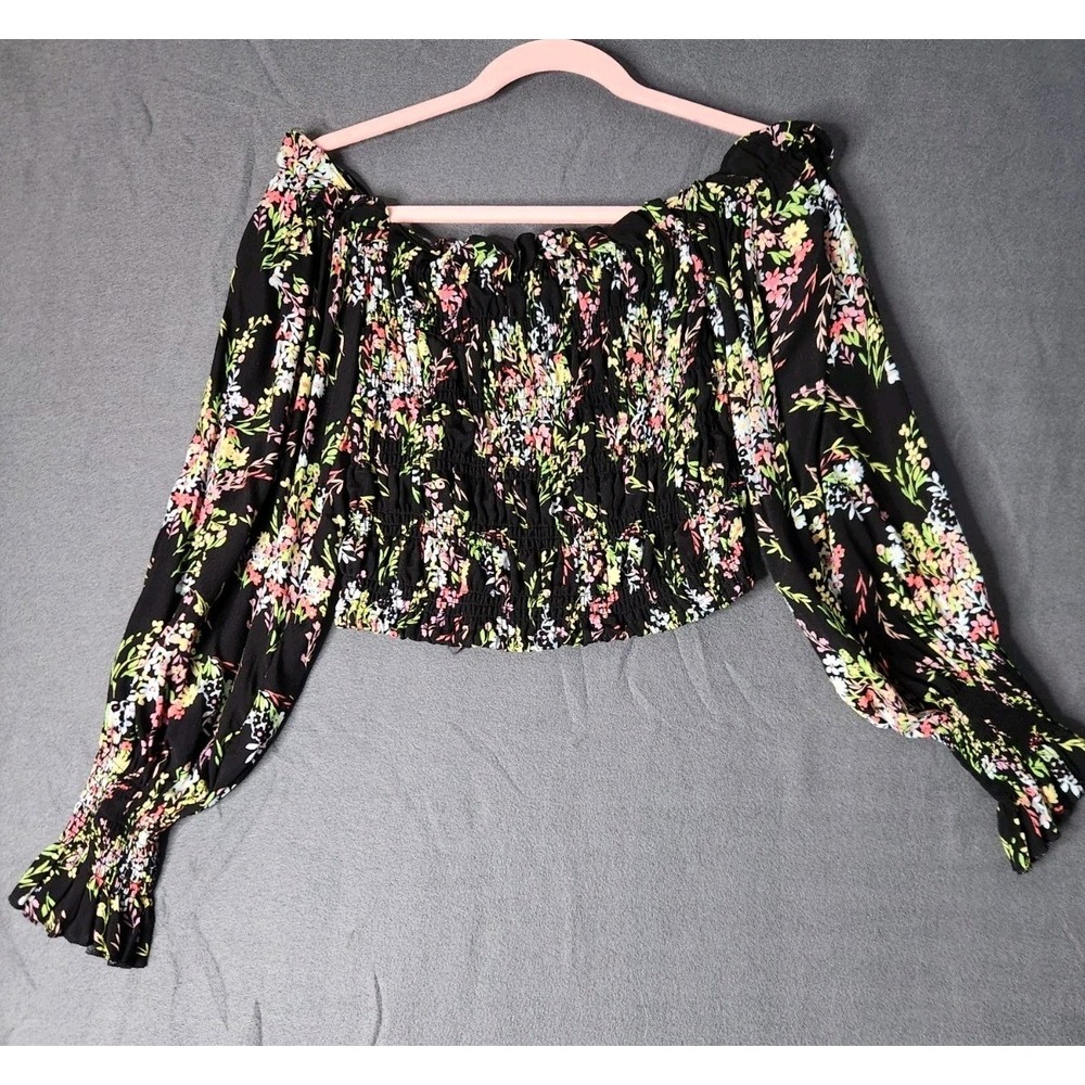 Forever 21 Off the Shoulders Crop Top Black Floral Smocked Cottagecore Boho XL
